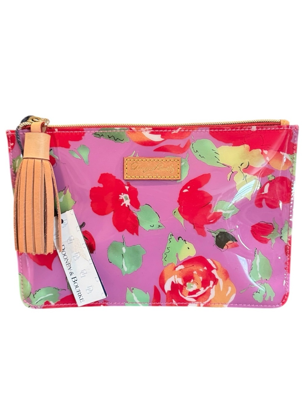 Dooney & Bourke Watercolor Floral Vinyl & Leather Tassel Zip Pouch Clutch NWT